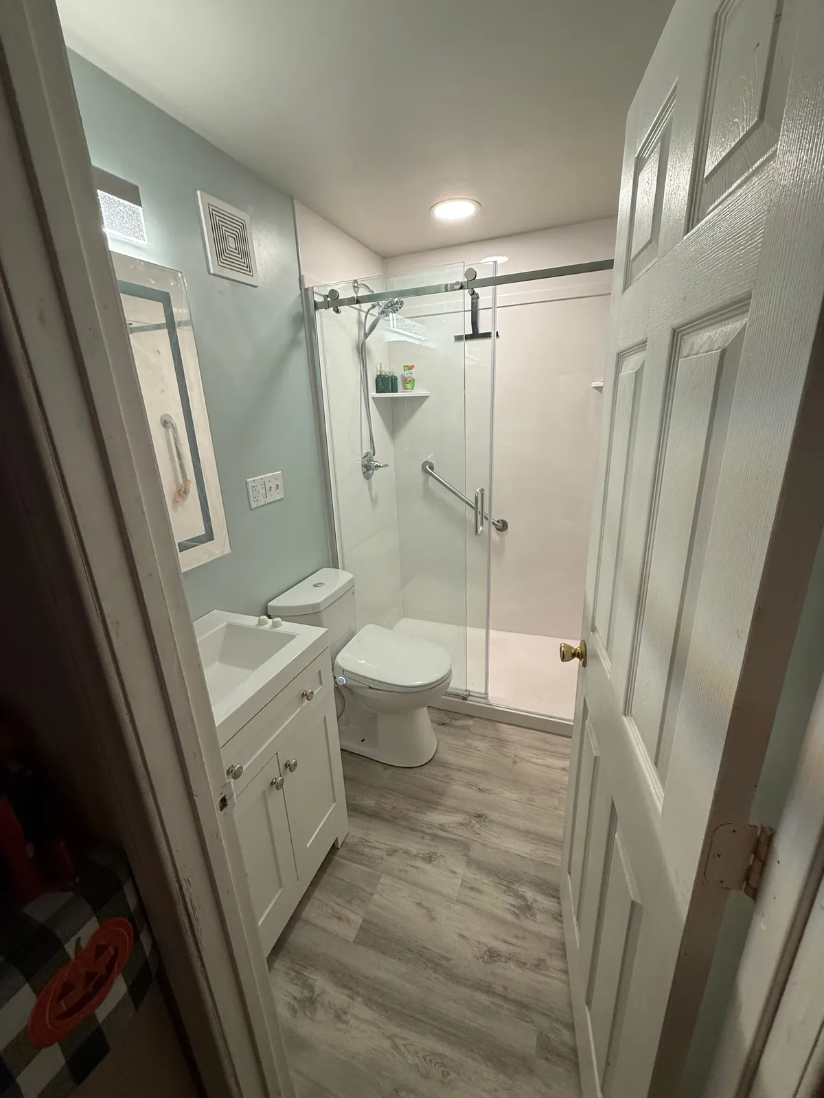 Remodeled bathroom with glass-door walk-in shower, new vanity, and plank flooring